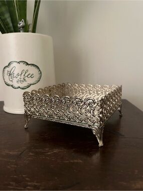 Vintage Gold Tone Filigree Mirrored Trinket Dish